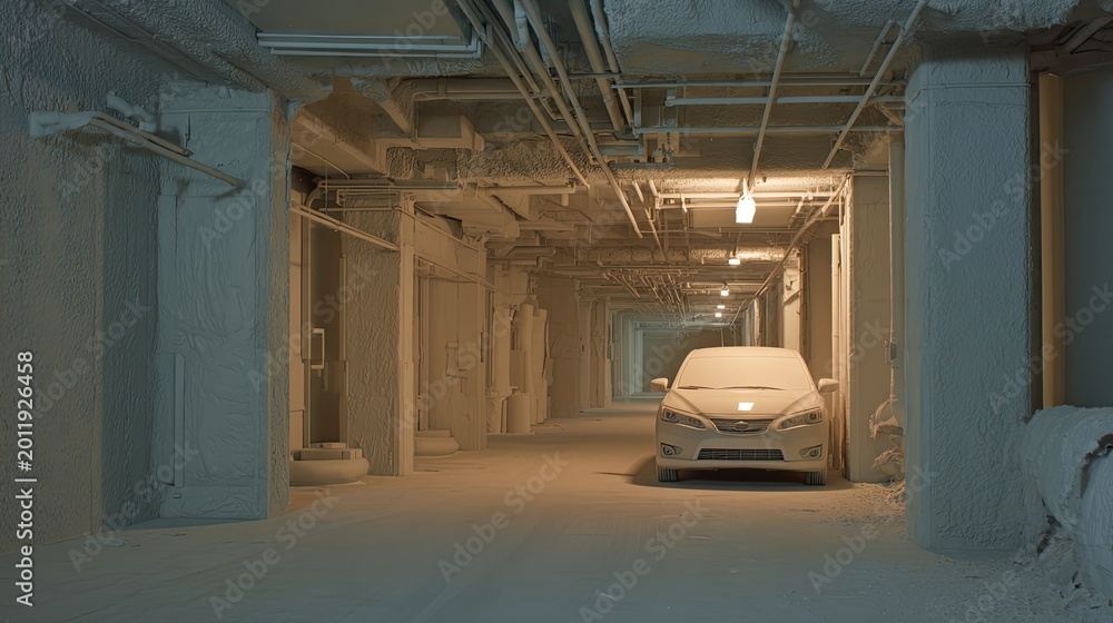 Fototapeta premium White car standing in a completely white and dusty underground parking garage with pipes and structural elements covered in a similar white residue, creating an eerie, abandoned atmosphere