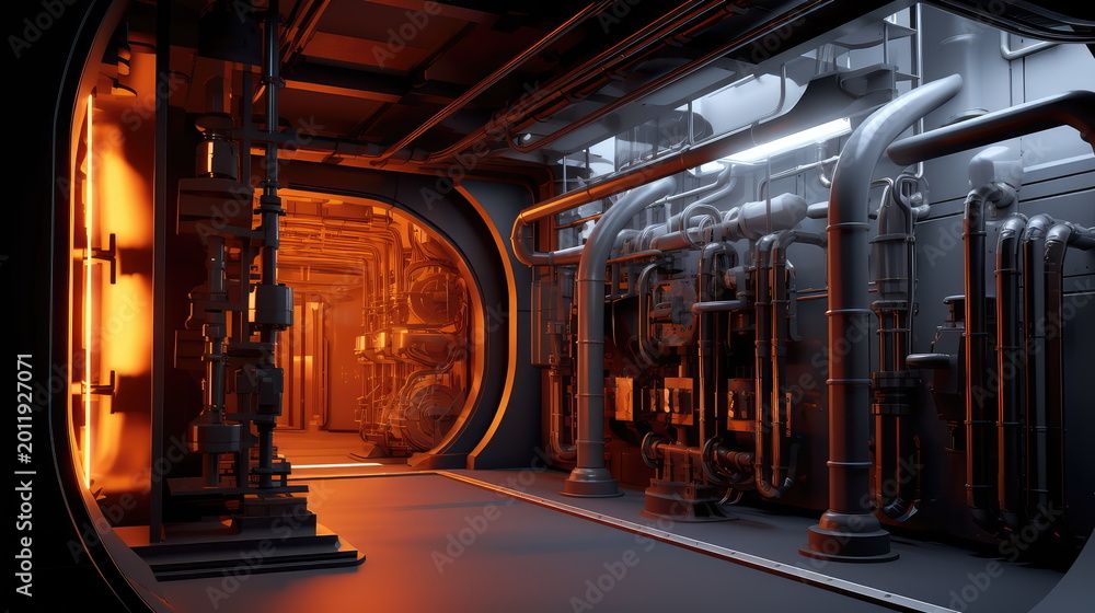 Fototapeta premium Industrial spaceship interior featuring complex mechanical systems, a network of metal pipes, and glowing warm light creating a dramatic sci fi atmosphere