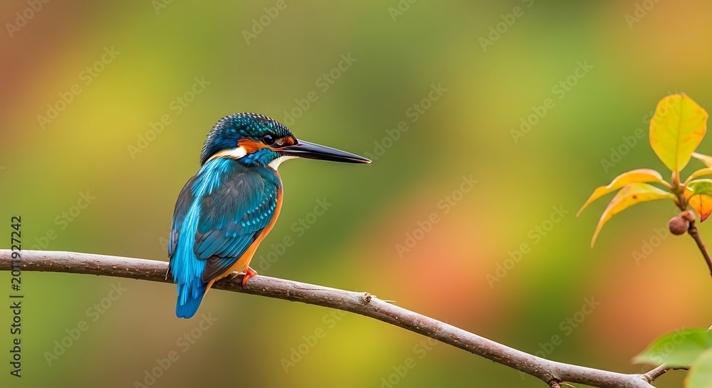 Fototapeta premium Vivid photo of a kingfisher bird perched on a branch, set against a blurred colorful background