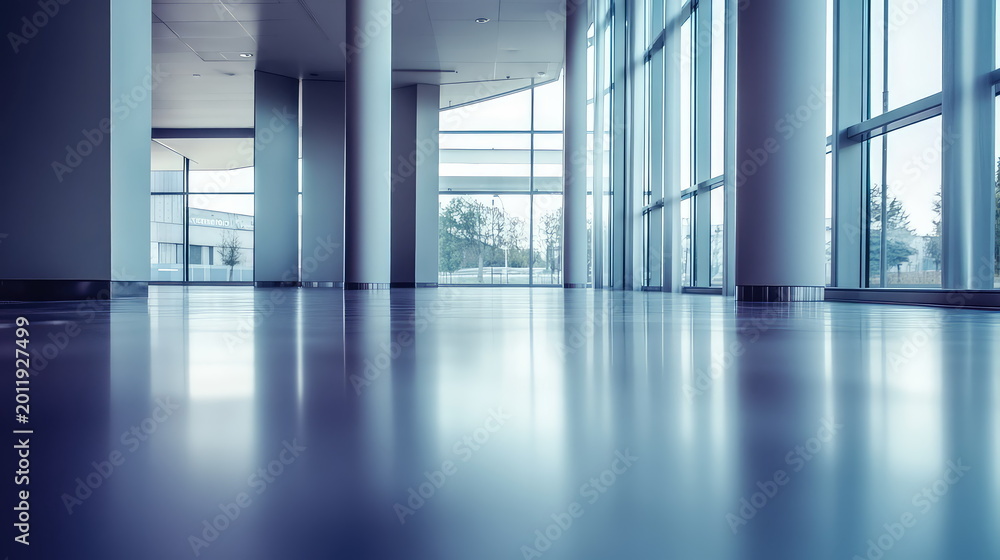 Naklejka premium Modern corporate lobby with floor to ceiling windows, reflective floors and tall columns, minimalist open space flooded with daylight and sleek contemporary design