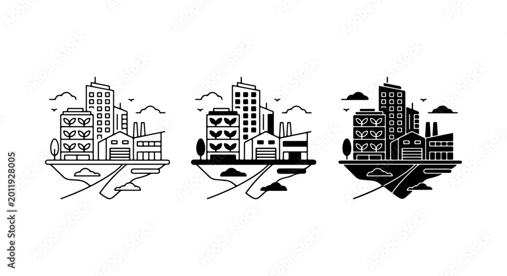Naklejka premium Three Cityscape Silhouettes Vector Icons