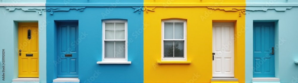 Fototapeta premium Row of colorful houses with windows copy space banner