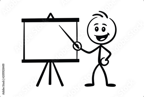 Happy stick figure presenting a blank board, perfect for your message, ideas, and concepts.