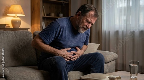 Elderly man experiencing severe acute abdominal pain, symptoms of chronic pancreatic disease, pancreatitis, digestive system ailment, home health issue, male adult suffering, medical problem,