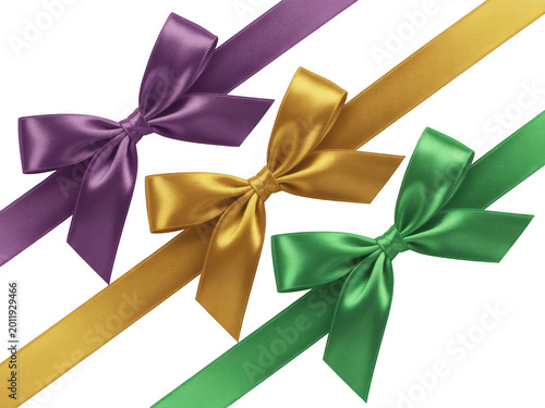 Three colorful satin ribbons with bows in purple, gold, and green on transparent background