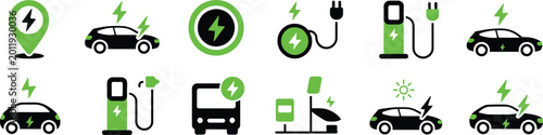 Canvastavla Electric car charging icon set, EV station plug socket hybrid car and green elec