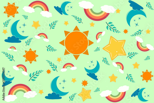Foto Cute Rainbow Sun Moon Seamless Vector Pattern, Kids Cartoon Sky Background