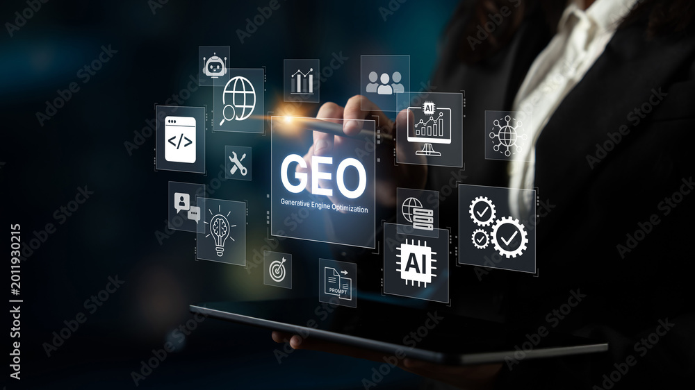 Naklejka premium Digital marketing concept featuring GEO strategy, optimizing content for AI search engines and large language models. Evolution of SEO, brand authority, and AI citation visibility. Corpus