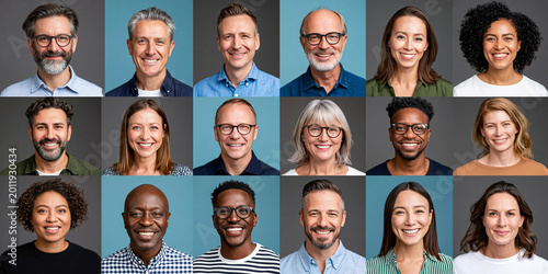 Diverse collection of eighteen smiling professional portraits showcasing a multi-ethnic group of men and women of various ages and backgrounds against solid grey and blue studio backgrounds.