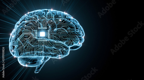 Futuristic digital representation of a human brain as a glowing electronic circuit board with a central microchip, symbolizing artificial intelligence and advanced neural processing technology.