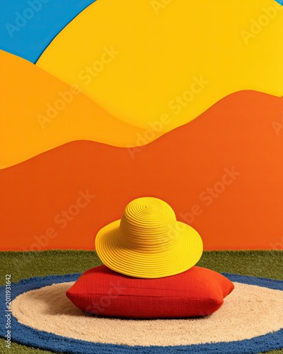 Minimal summer picnic scene with yellow sun hat on colorful cushion, abstract vibrant lifestyle background
