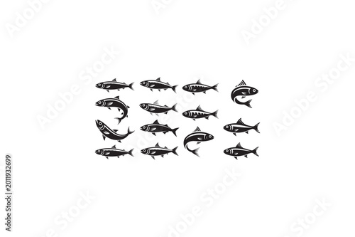 Sardine fish various style vector silhouettes black color image. 