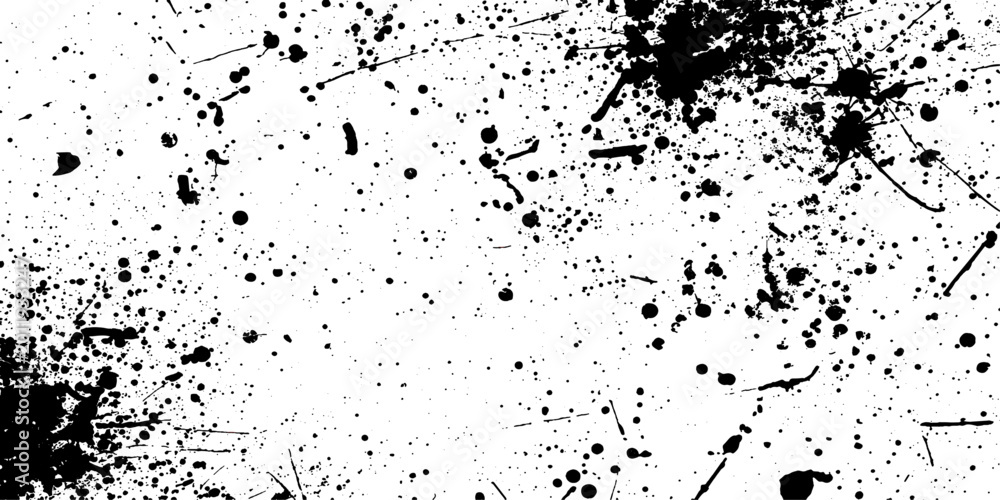 Fototapeta premium A black ink splatter creates an abstract grunge texture with liquid paint drops and artistic spray stains on a dirty vector background design