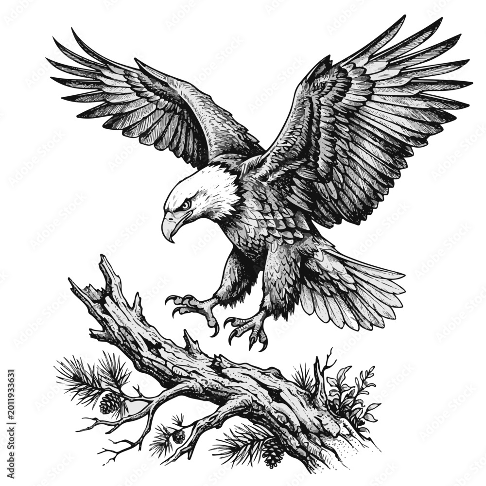 Fototapeta premium Eagle Landing on a Branch Sketch Powerful Symbol of Freedom and Strength