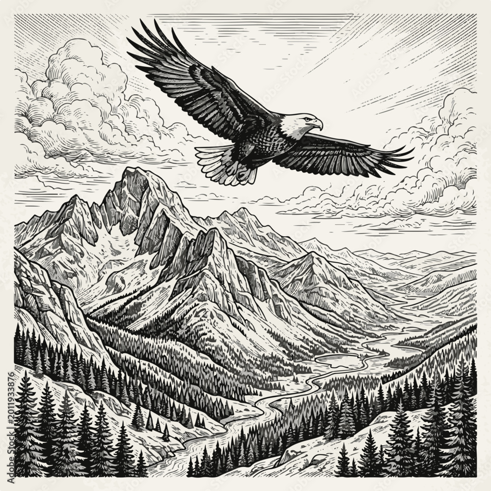 Fototapeta premium Majestic Bald Eagle Soaring Above Rugged Mountain Peaks and Pine Forests