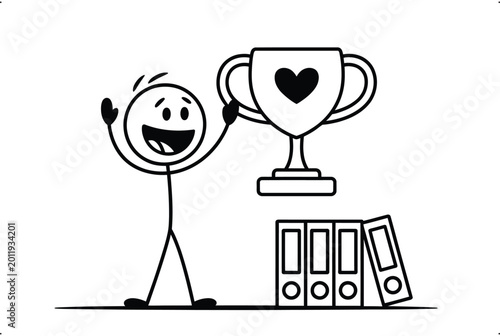 Happy Stick Figure Celebrating Success with a Heart Trophy and Organized Binders.