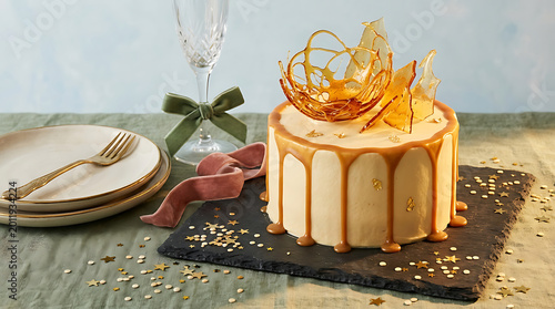 Golden birthday cake with elegant gold accents on a dark slate p