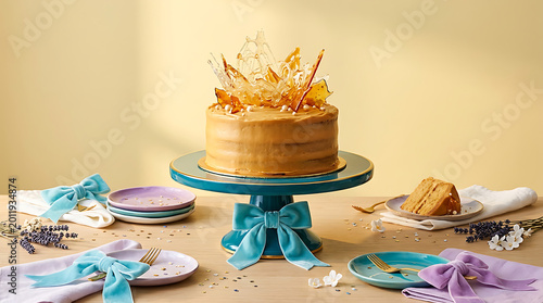 Elegant tiered wedding cake with blue ribbon decorations and flo
