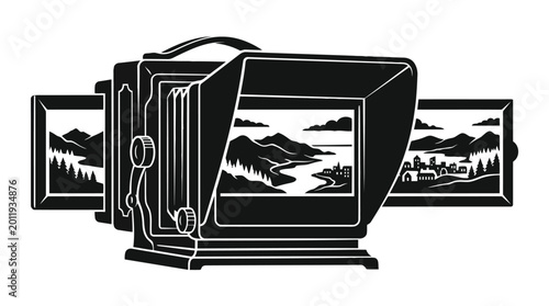 Vintage stereoscope viewer displaying landscape scenes silhouette graphic