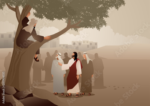 Schilderij op canvas Biblical vector illustration series, Zacchaeus in the tree meeting Jesus, Luke 1