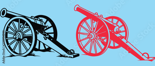 Canvas Print Two vintage military cannons in black and red illustration