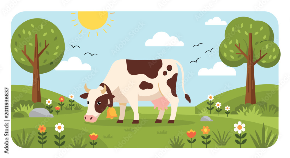 Fototapeta premium Spotted cow with a bell grazing peacefully in a lush green meadow with trees, flowers, and a bright sun in the sky.