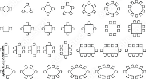 CAD furniture plan vector set, top view table and seating layouts, dining, conference and boardroom arrangements, for architectural floor plans and interior design drawings