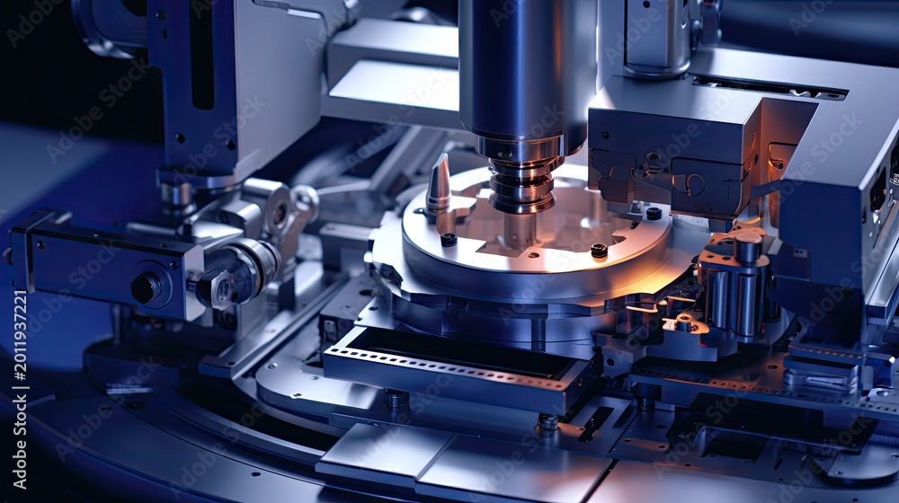 Fototapeta premium Advanced industrial equipment performing precision tasks in a modern factory, fabricating tiny microchips and other electronic subcomponents for high technology devices