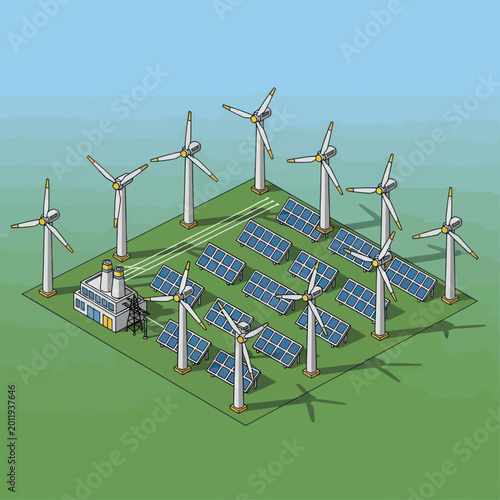 Renewable Energy Power Plant with Wind Turbines and Solar Panels.