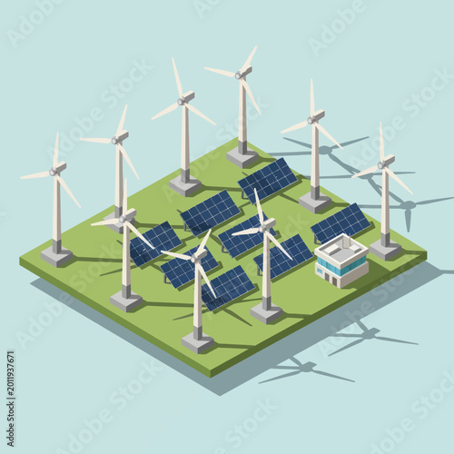 Isometric View of a Sustainable Energy Power Plant with Wind Turbines and Solar Panels.