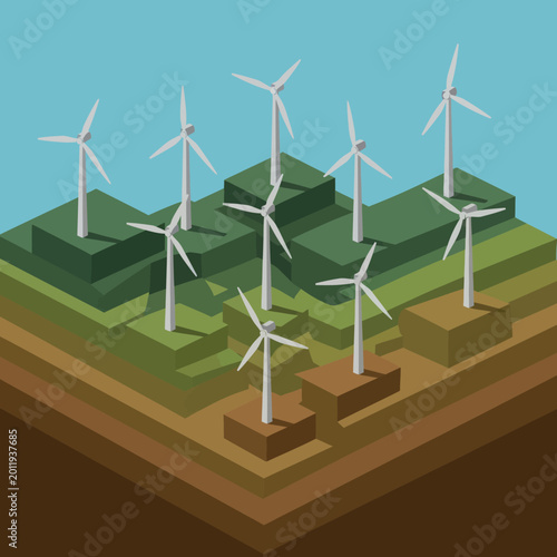 Isometric Wind Turbines on Layered Landscape for Sustainable Energy.