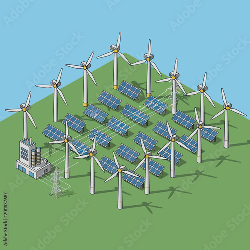 Renewable Energy Power Plant - Wind Turbines and Solar Panels.