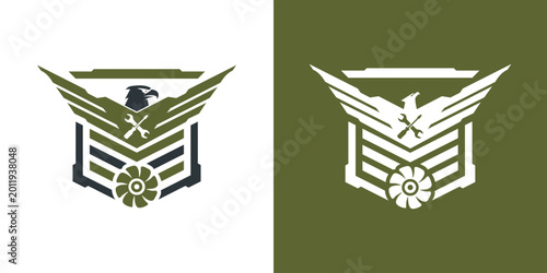 Billede på lærred Two vector-style military insignia badges featuring an eagle with spread wings, laurel wreath, and geometric stripes on a solid olive green background