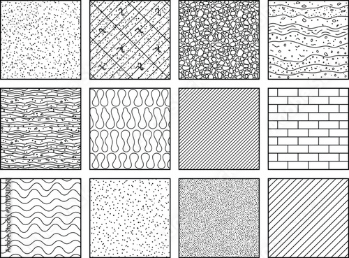 Foto CAD hatch texture swatch set, architectural material patterns with gravel, terra