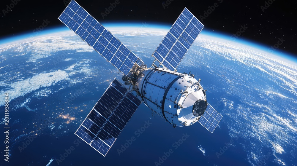 Fototapeta premium Satellite with deployed solar panels orbiting above earth, providing global connectivity and advanced telecommunication technology while capturing power from the sun