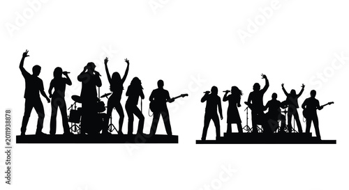 Quadro su tela Band silhouette performing on stage with musical instruments black and white