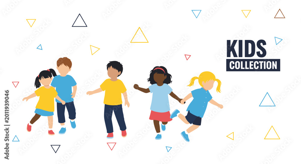 Fototapeta premium Diverse group of happy children representing a kids collection in different poses against a white background with patterns.