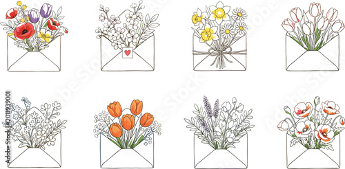 Fotografia Set of Hand Drawn Floral Envelope Illustrations with Colorful Spring Flowers and