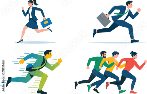 Canvas Print Vector illustration of people running in business suits and casual clothing repr