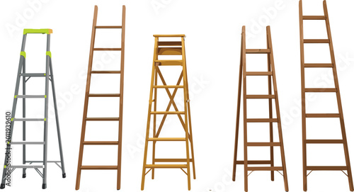 Professional Vector Collection of Wooden and Metal Stepladders for Construction, Home Improvement, Maintenance, Renovation, and Metaphorical Concepts of Growth and Success Progress