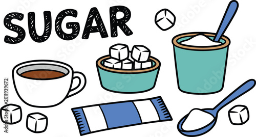 Fotografía Vector illustration of sugar in cubes, granulated form, packets, and spoons with