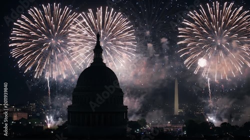 Majestic 4K Cinematic Fireworks Display Exploding Over the US Capitol Building and Washington Monument at Night for Independence Day Celebration