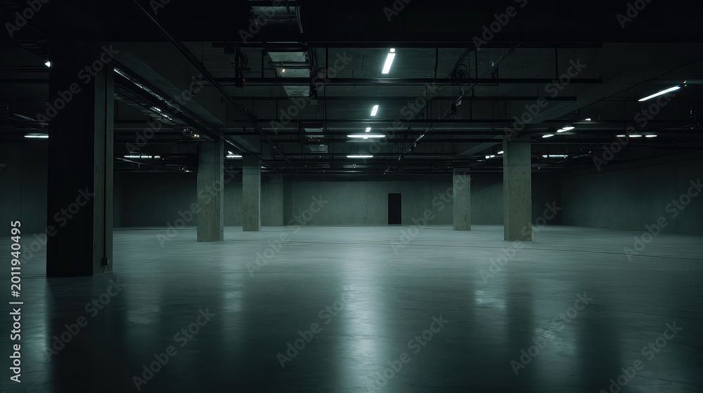 Fototapeta premium Empty dark concrete warehouse interior with large support pillars, reflective floor and illuminated ceiling pipes and fluorescent lights, evoking vast, minimalist industrial space