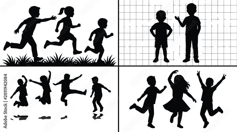 Obraz premium Black, silhouette, collection, of, active, children, running, on, grass, jumping, standing, and, playing, in, various, happy, scenes, on, white, background.