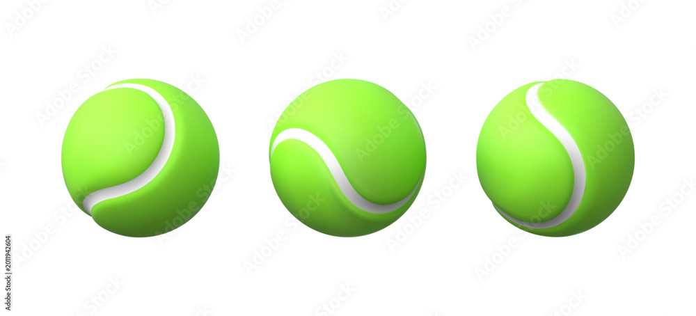 Fototapeta premium Tennis ball realistic 3D vector icons set, sport equipment for lawn tennis game, green small ball with white curve lines