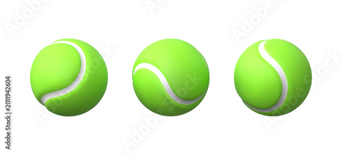 Tennis ball realistic 3D vector icons set, sport equipment for lawn tennis game, green small ball with white curve lines