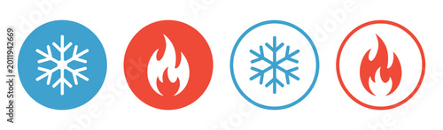 Hot and cold icon vector set featuring fire and snowflake symbols, heating and cooling temperature control button interface design, clean modern HVAC thermostat
