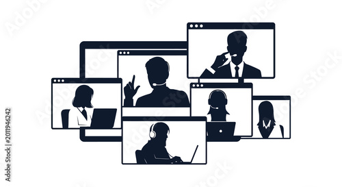 Group video call with people in windows dark silhouette high quality