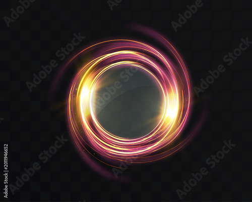 Bild auf Leinwand Glowing golden neon energy ring with circular light trails isolated on transparent background for futuristic and fantasy design projects