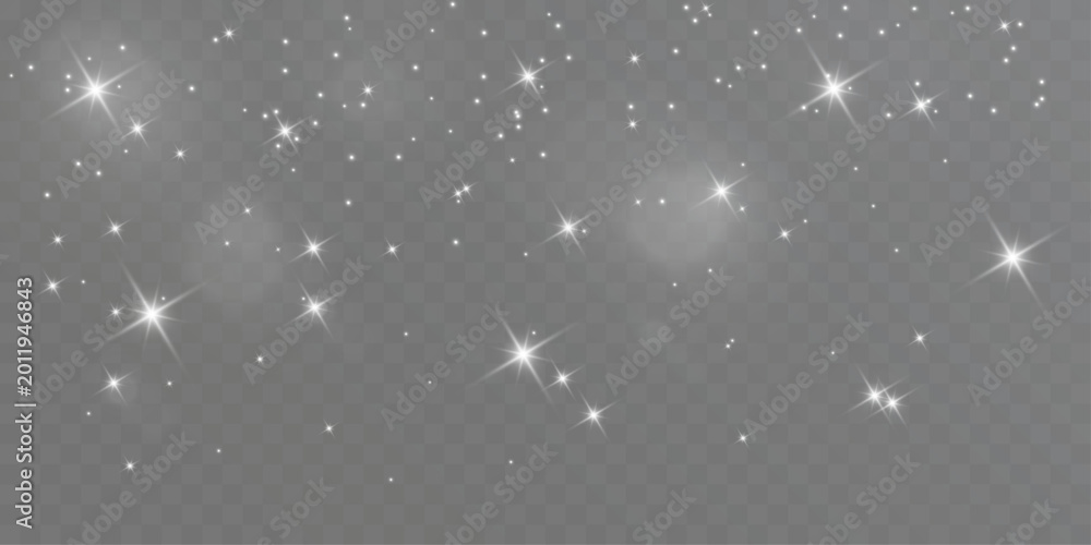 Naklejka premium White glowing sparkles and shining star dust particles scattered on transparent background with magical light effect. 